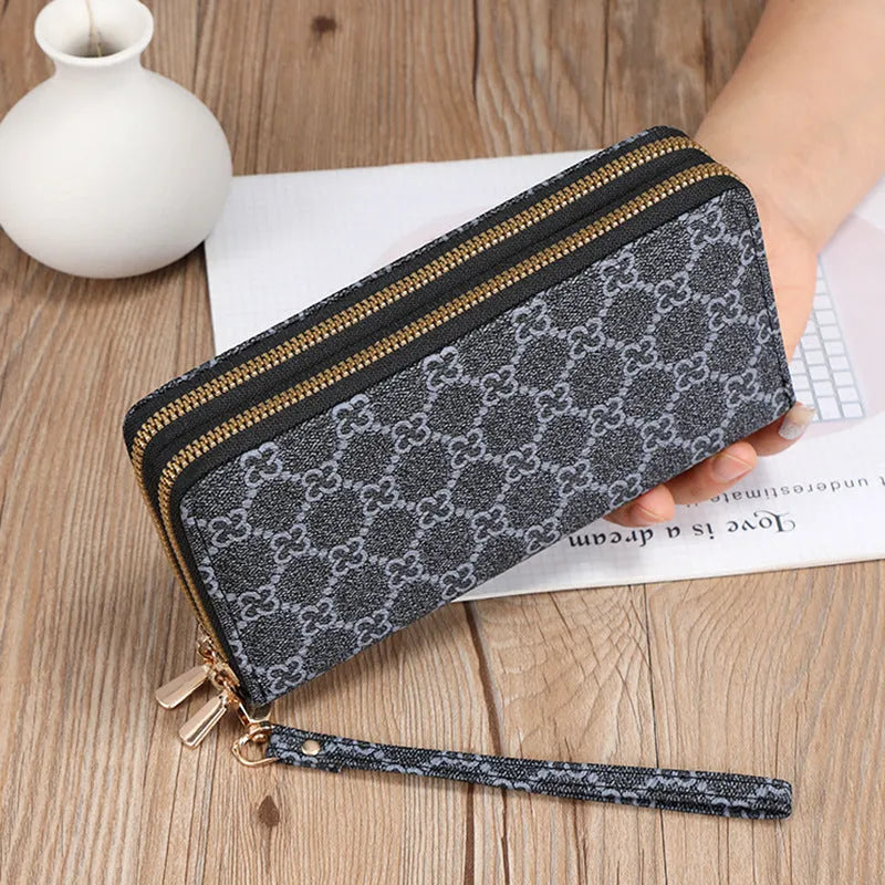Black PU leather long wallet clutch with mobile phone compartment and zip coin purse