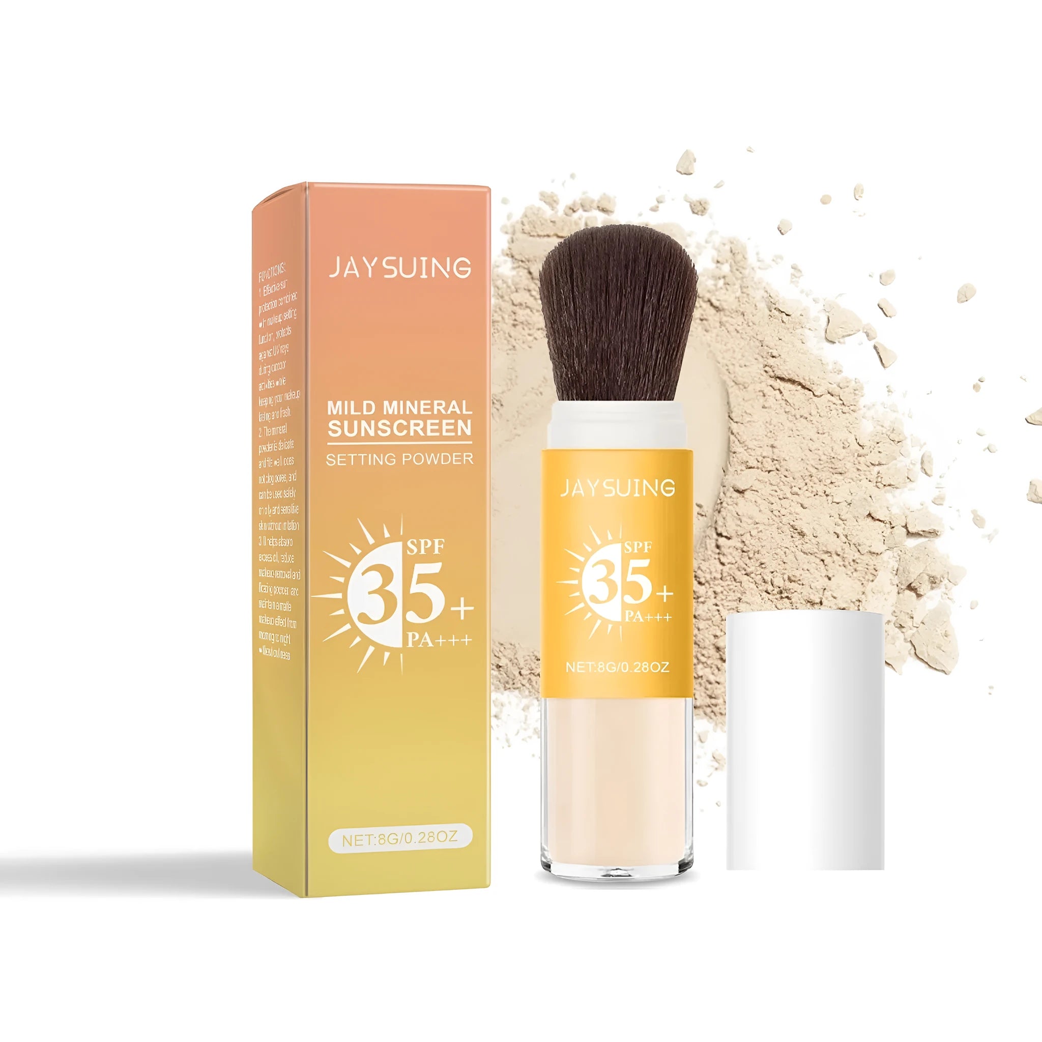 8g compact of translucent sunscreen setting powder with SPF protection open on a table.