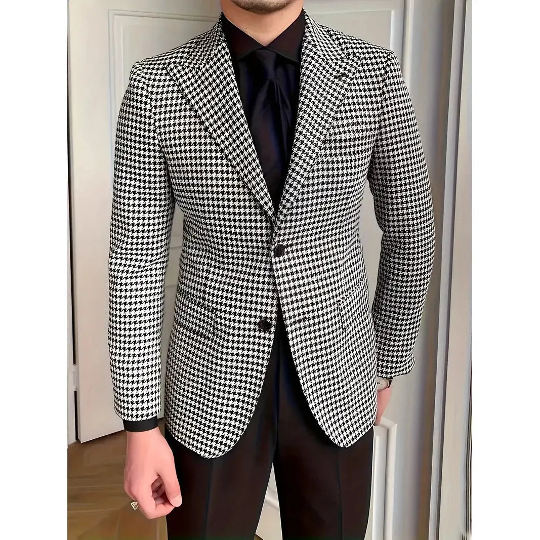 Black and white plaid slim-fit youth fashion jacket with cotton blend fabric, front view, sized M to 2XL