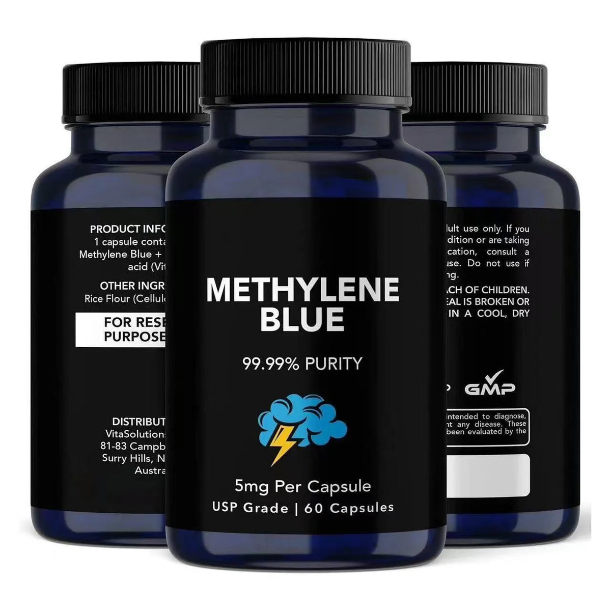 White bottle of Methylene Blue capsules with 60 tablets standard specification supplement