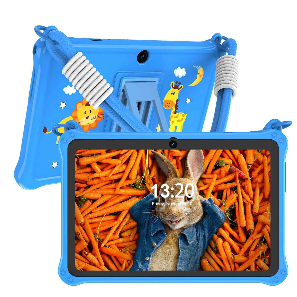 Sapphire blue silicone protective case with strap for a 7-inch children's tablet.