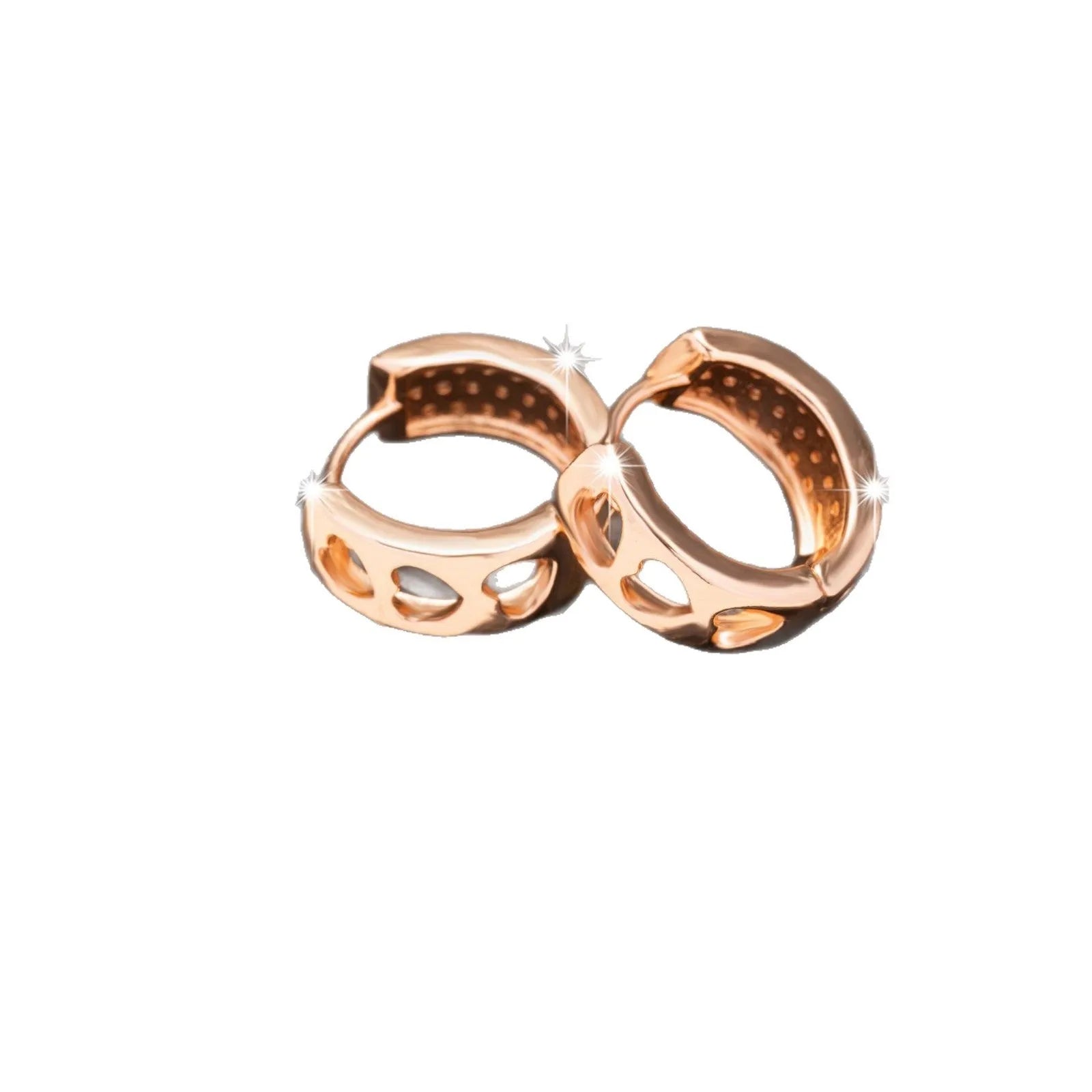 Rose gold coloured earrings with three hollow heart shapes arranged in circular pattern