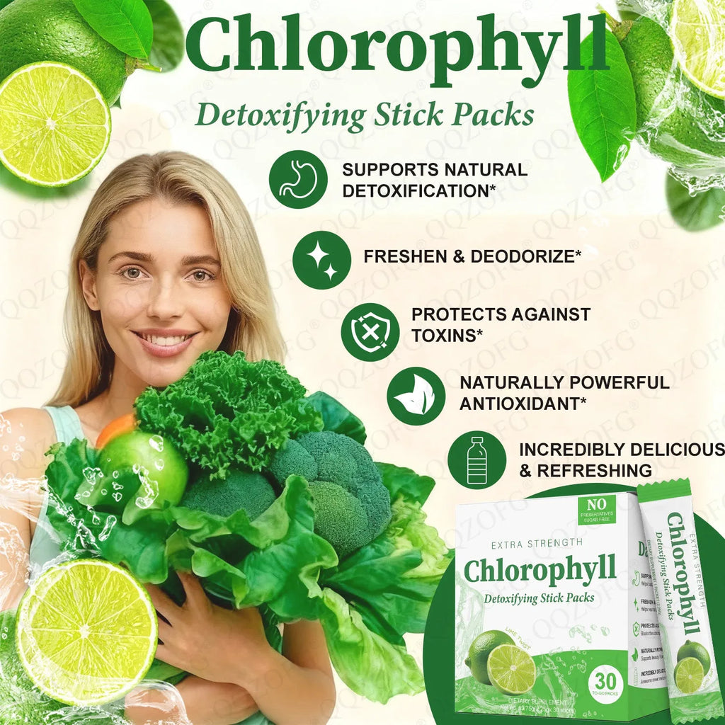 Box of 30 extra strength chlorophyll stick packs with key lime vanilla flavour, showing green powder and individual sachets