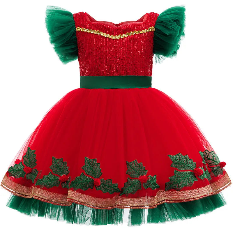 Children's colour-block princess dress with lace in D1557 red, suitable for heights up to 150cm
