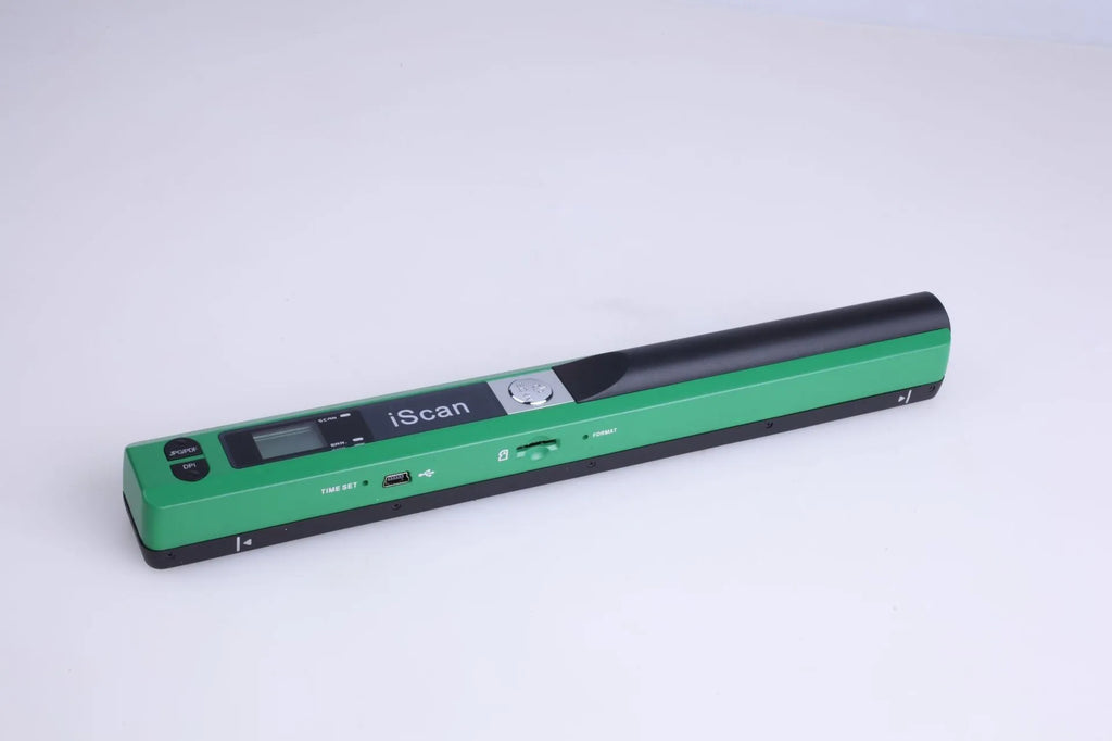 A handheld plastic barcode and QR code scanner shown in one of five colour options: black, blue, green, red, or silver.