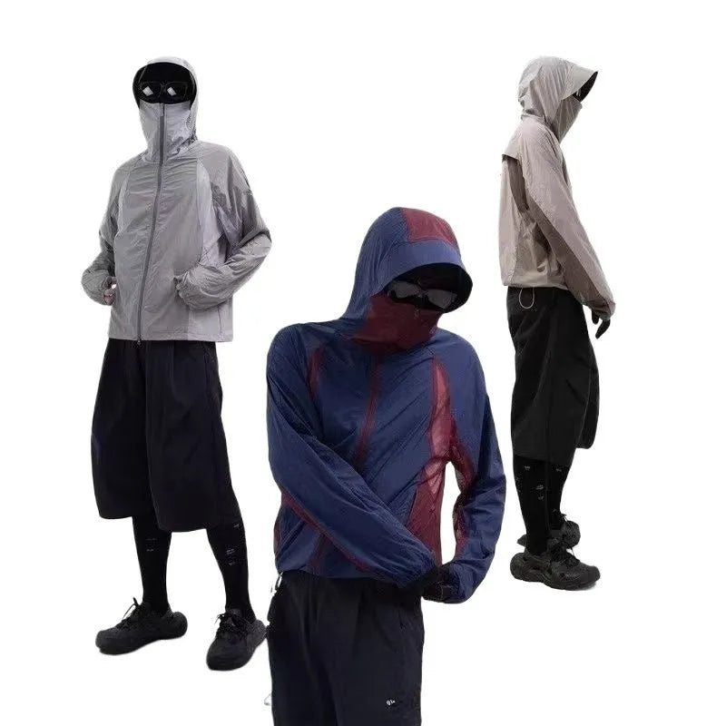 Mesh stitching thin UV protection sun protective clothes in desert brown, light grey, red, and blue colours