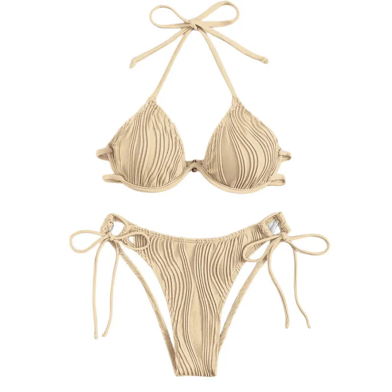 Women's apricot coloured bikini swimsuit with underwire steel bracket support.