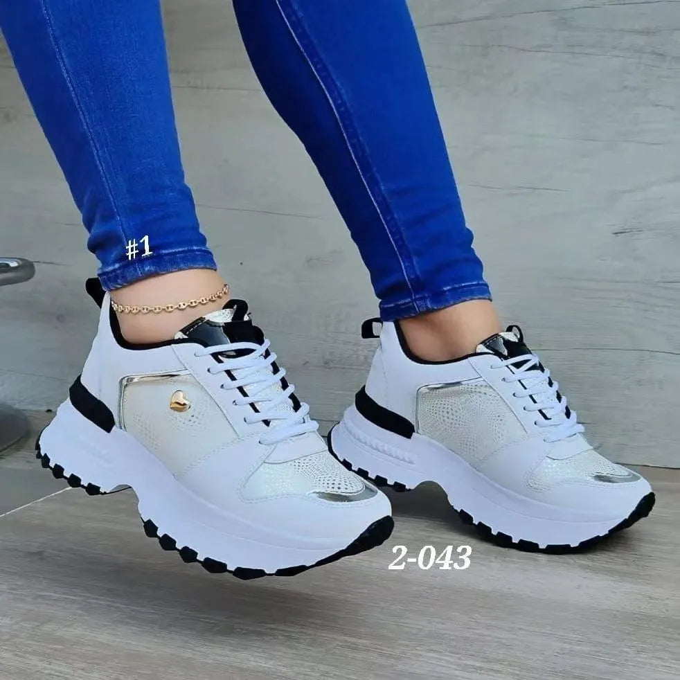 Women's heel lift sneakers with height increase, artificial PU upper, round toe, solid colour, available in black white pink apricot