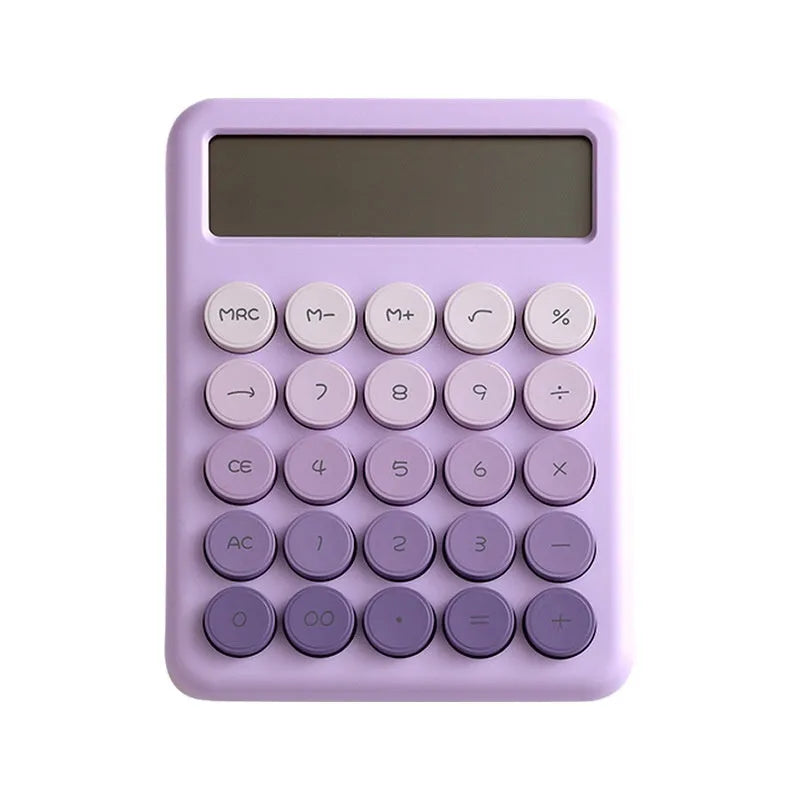 Desktop calculator with gradient colour options: violet, cherry blossom powder, glacier blue, and mint green.