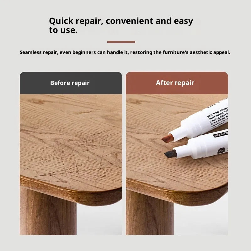 5ml wood grain paint fixer pen for floor scratch repair, shown with twelve colour options including oak and walnut