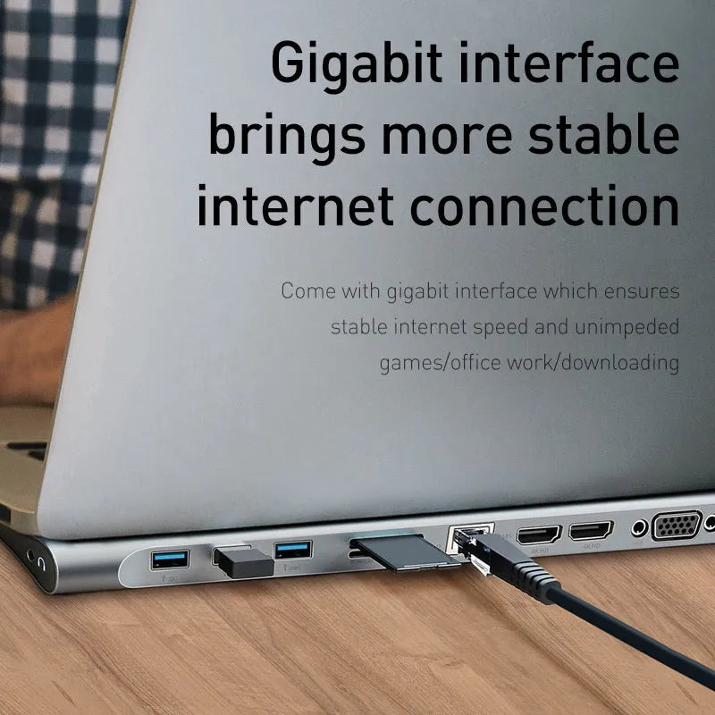 Grey aluminium alloy ten-port USB C docking station with cooling bracket showing HDMI, VGA and Ethernet ports