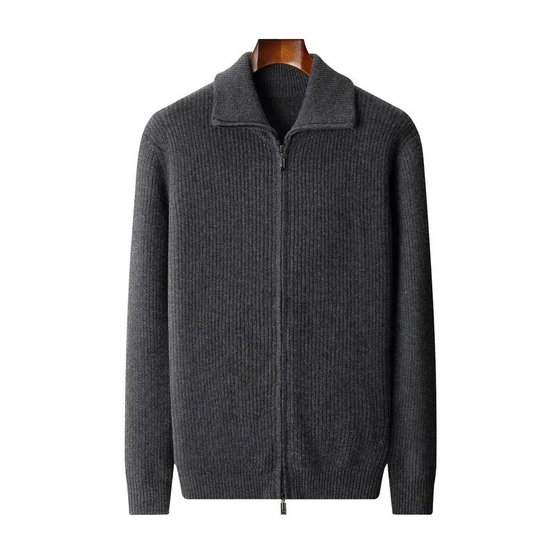 Pure wool zipper cardigan for men in dark gray, long sleeves, lapel collar, front zipper