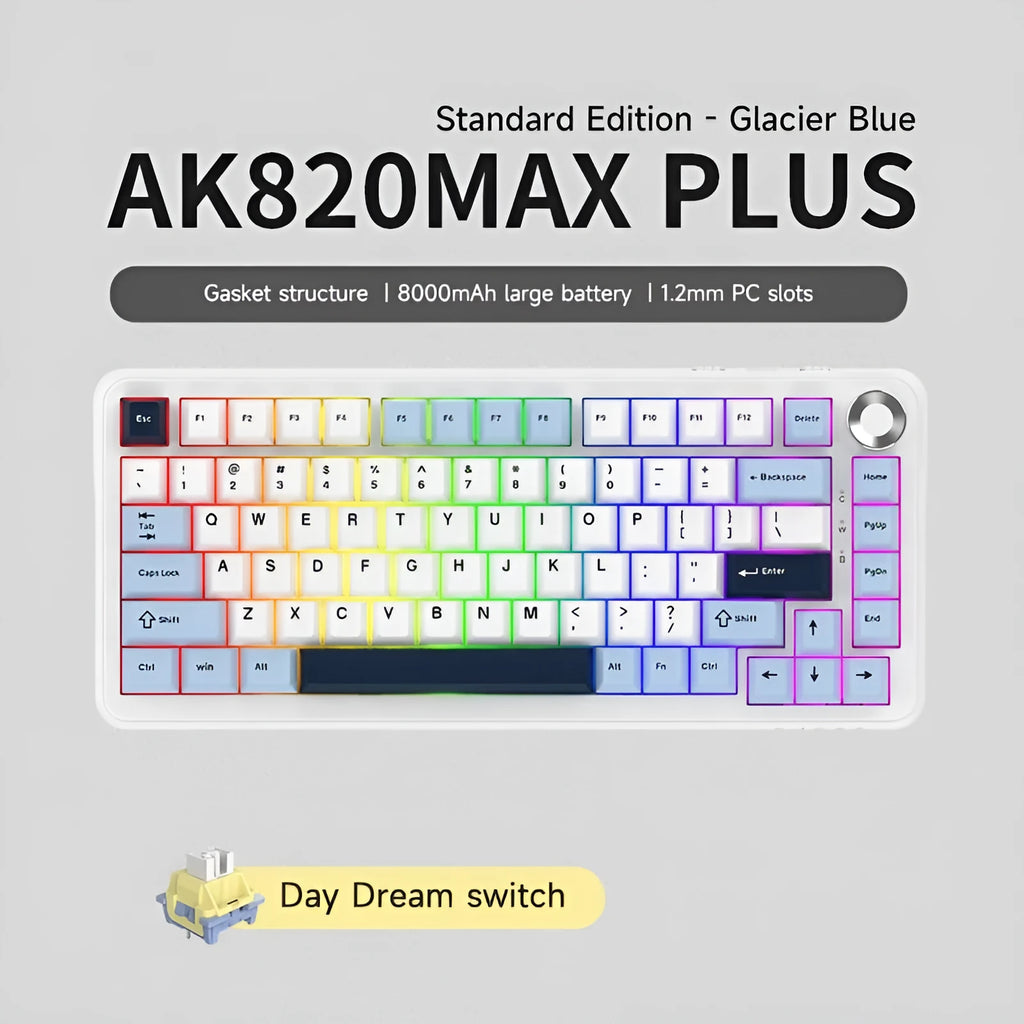 Three-mode wireless mechanical keyboard with black, grey and yellow colour scheme and included accessories