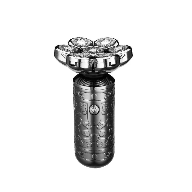 Zinc alloy electric shaver in silver and black with floating cutter head and USB charging port