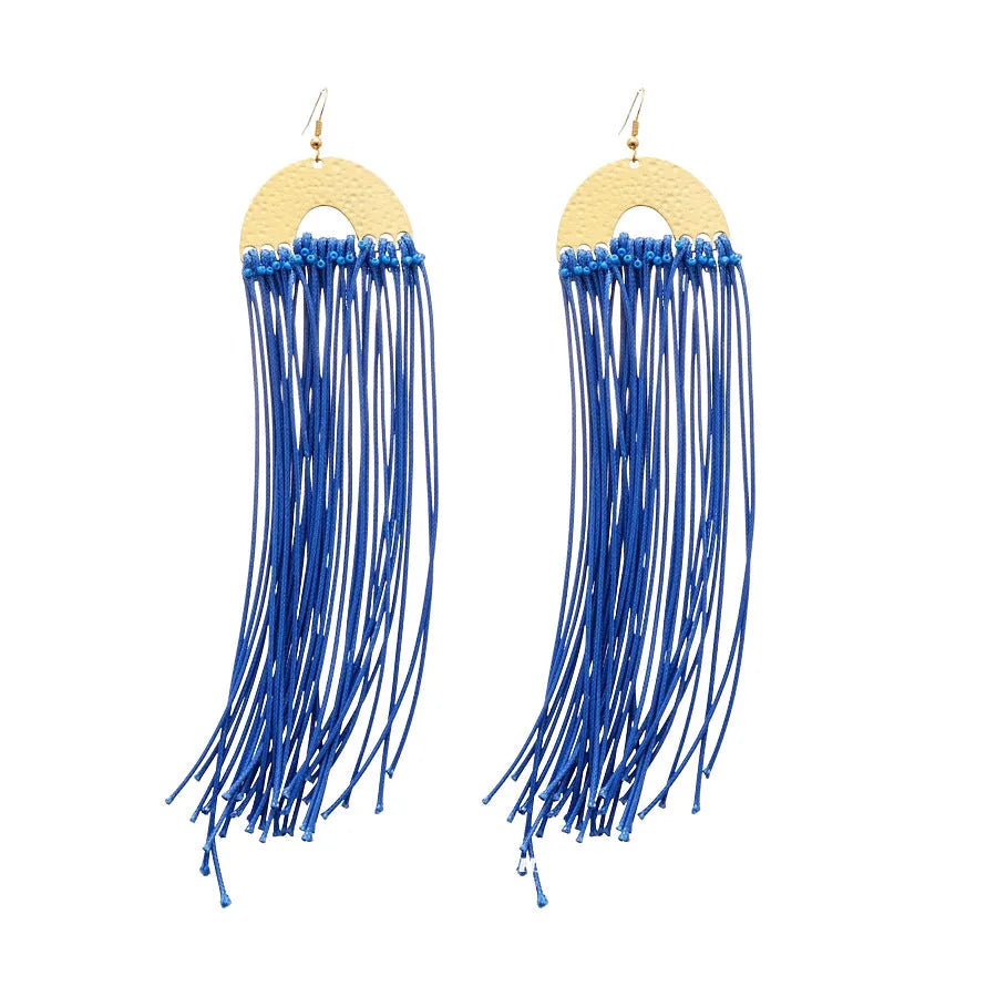 Women's geometric cloth earrings with blue resin flower detail and Silver Needle colour