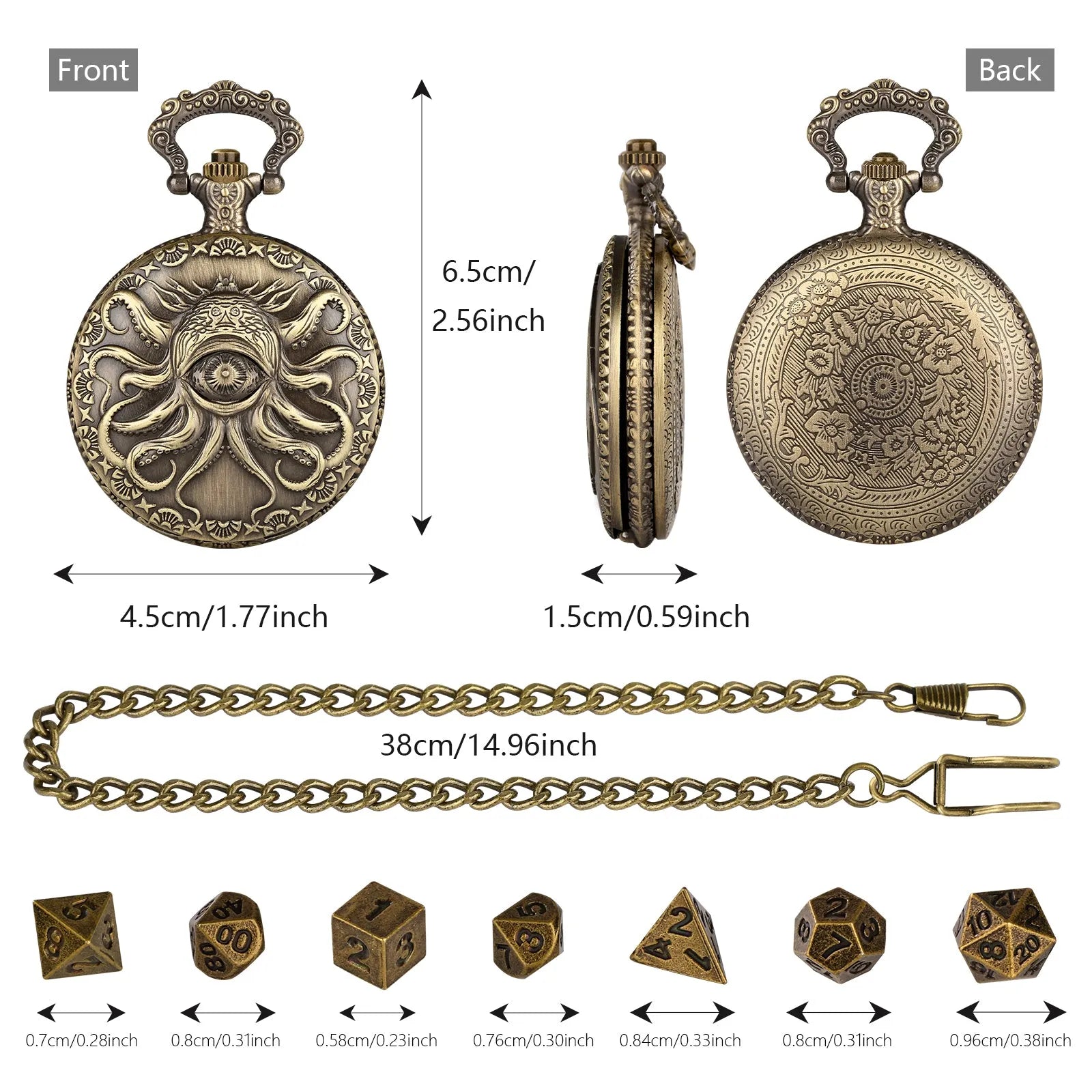 Steampunk cyclops octopus dice set in bronze finish inside metal storage box
