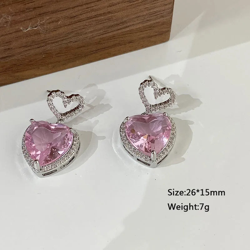 Pink crystal heart earrings on copper base, 26x15mm, 7g, 2023 new light luxury fashion jewellery for women girls