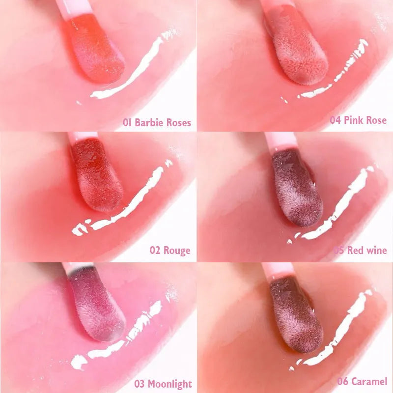 Temperature sensitive colour change lip gloss in six shades 01 to 06, moisturising lip oil in tube packaging