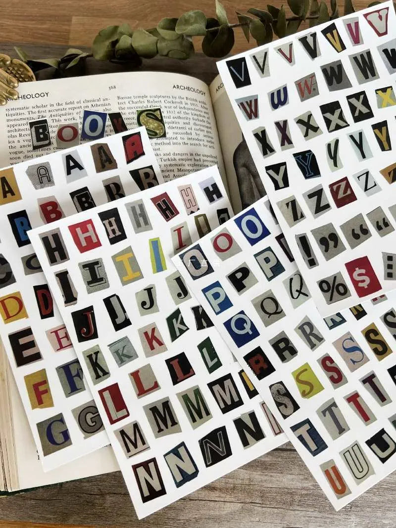 English letters and numbers label sticker sets showing alphabet series A through E with week words in cute style