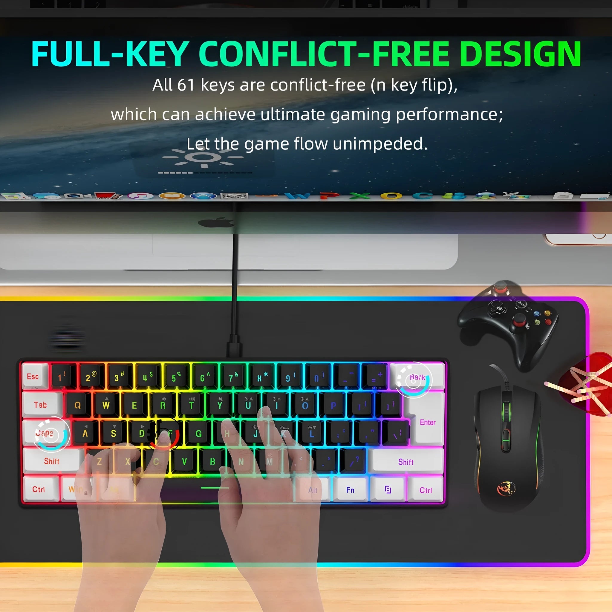 White and black wired gaming keyboard and mouse combo set with colour backlight on a desk