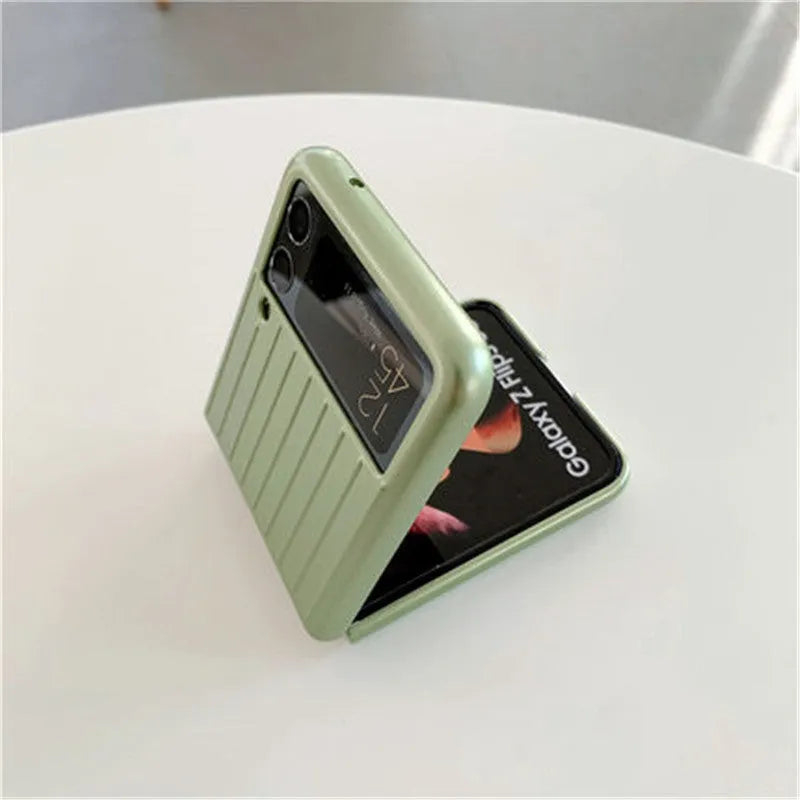 Samsung Z Flip3 flip phone case in ultra-thin PC, showing colour options: black, red, pink, silver, gold, sky blue, light green.