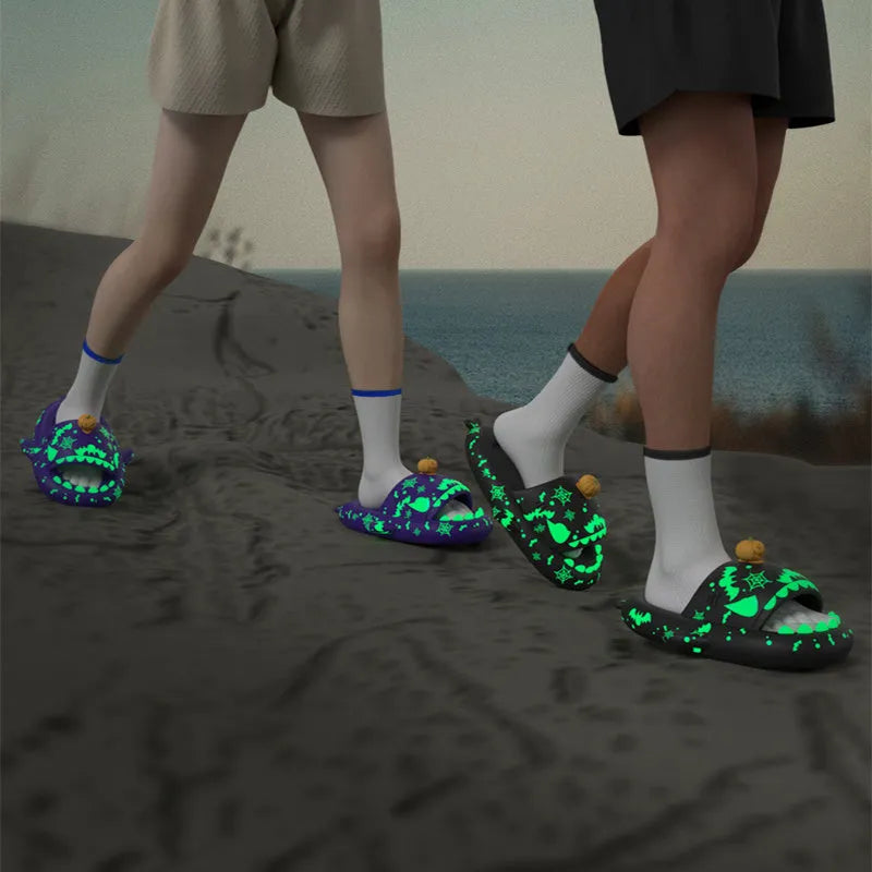 Luminous shark slippers in black, red, green, and purple for couple home wear with non-slip EVA sole