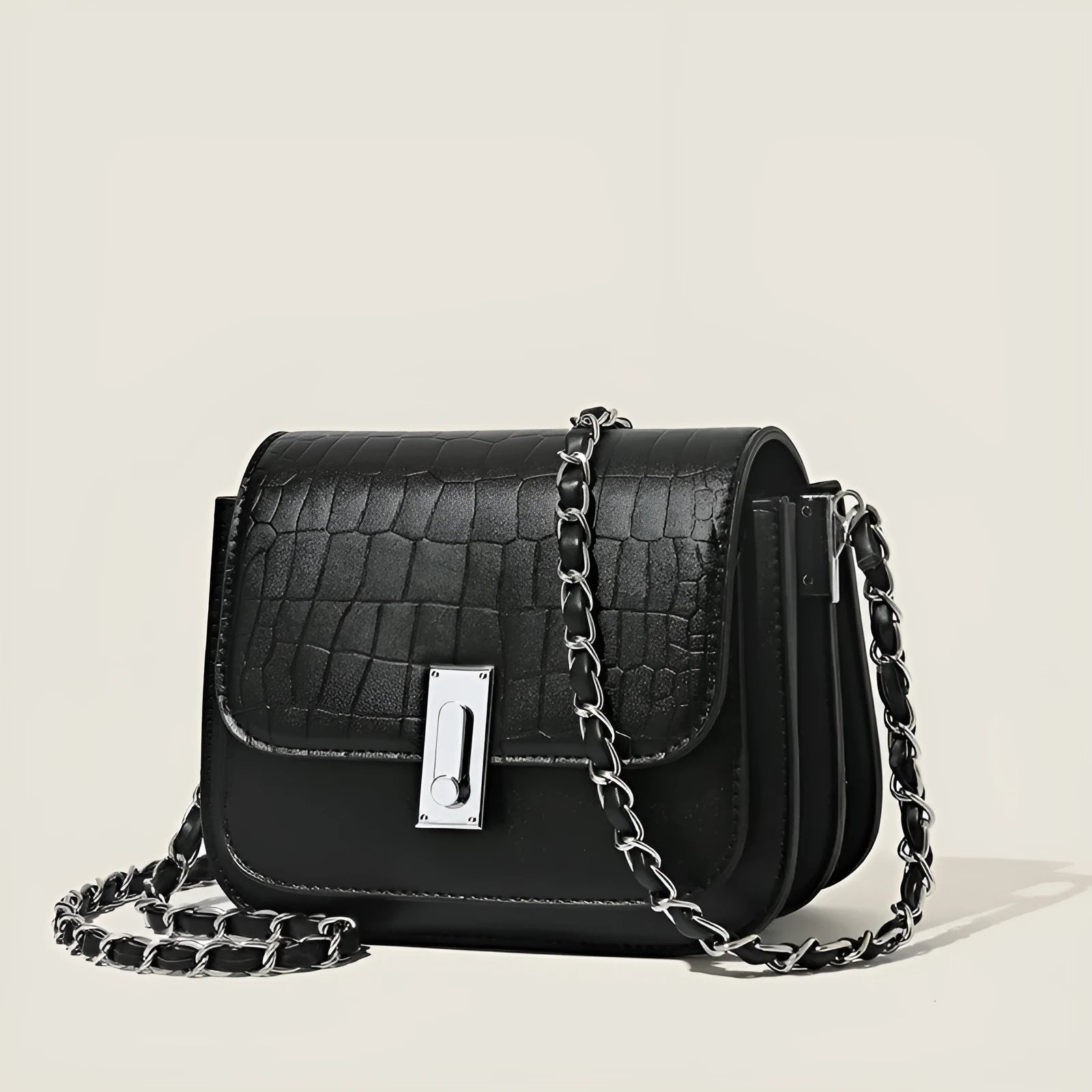 Women's soft PU shoulder bag with sandwich pockets and decorative sewing threads in horizontal square shape