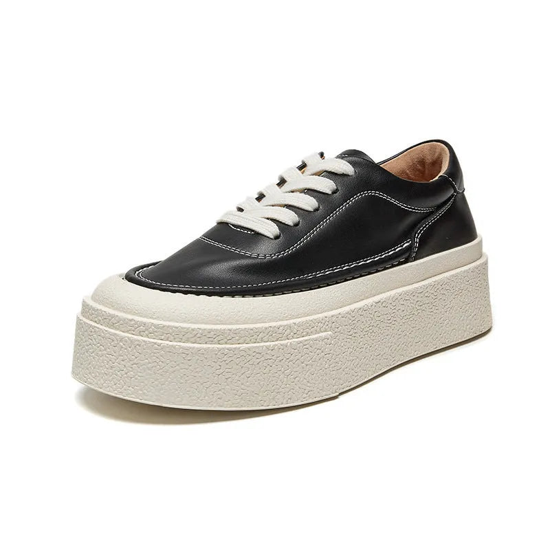 Women's black platform casual sports board shoes with tied design and round toe