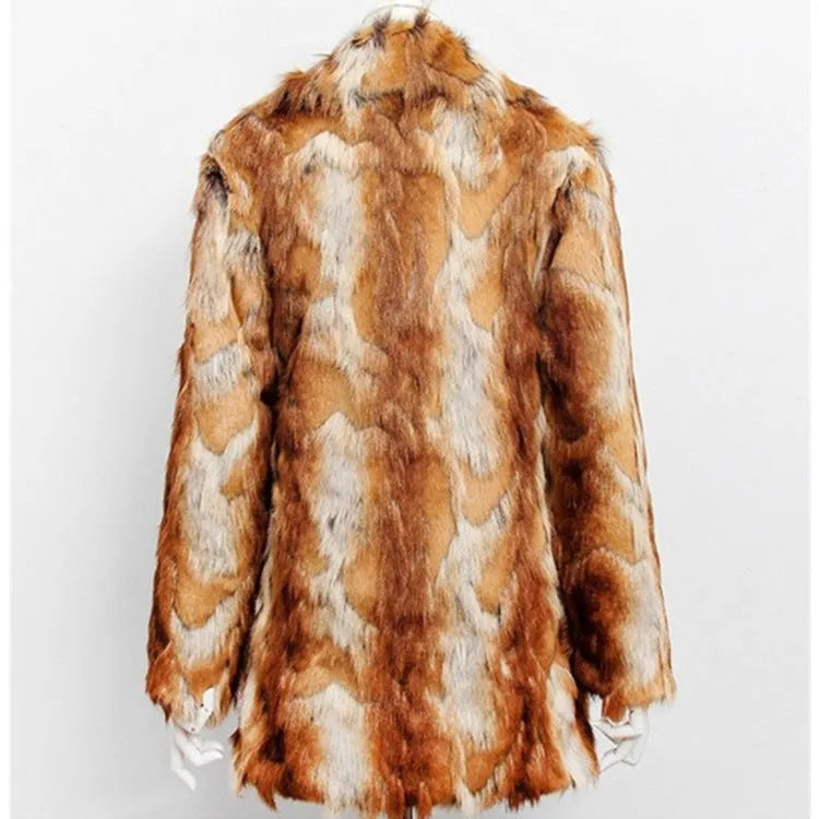Women's slim fit tiger pattern faux fur jacket with long sleeves on a model.