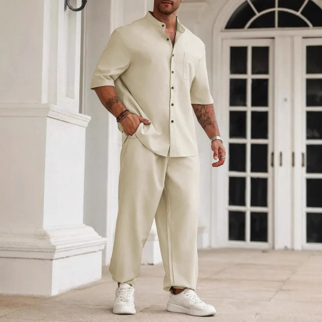 Men's cotton linen casual trousers set with short-sleeved shirt in black, grey or apricot colours