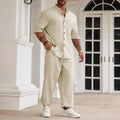 Men's cotton linen casual trousers set with short-sleeved shirt in black, grey or apricot colours