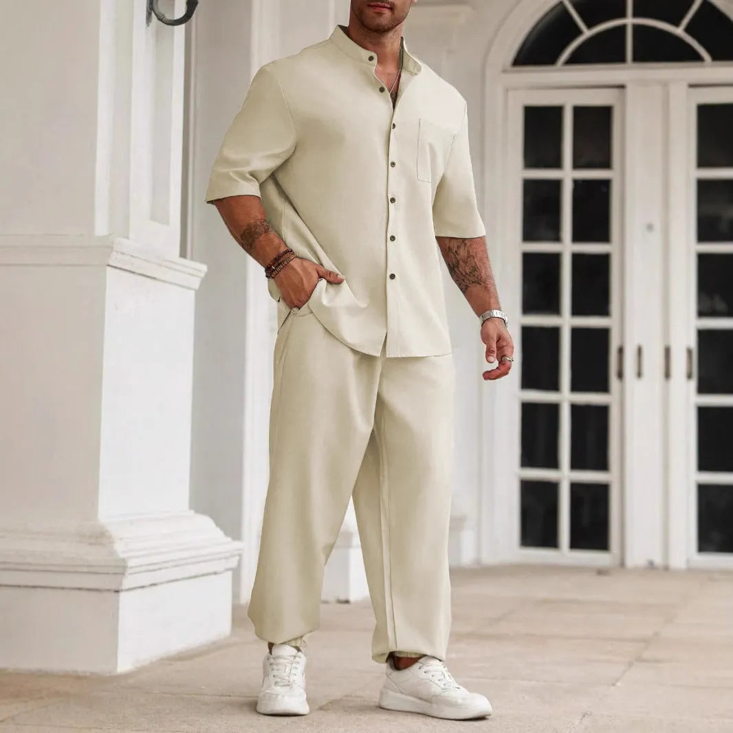 Men's cotton linen casual trousers set with short-sleeved shirt in black, grey or apricot colours