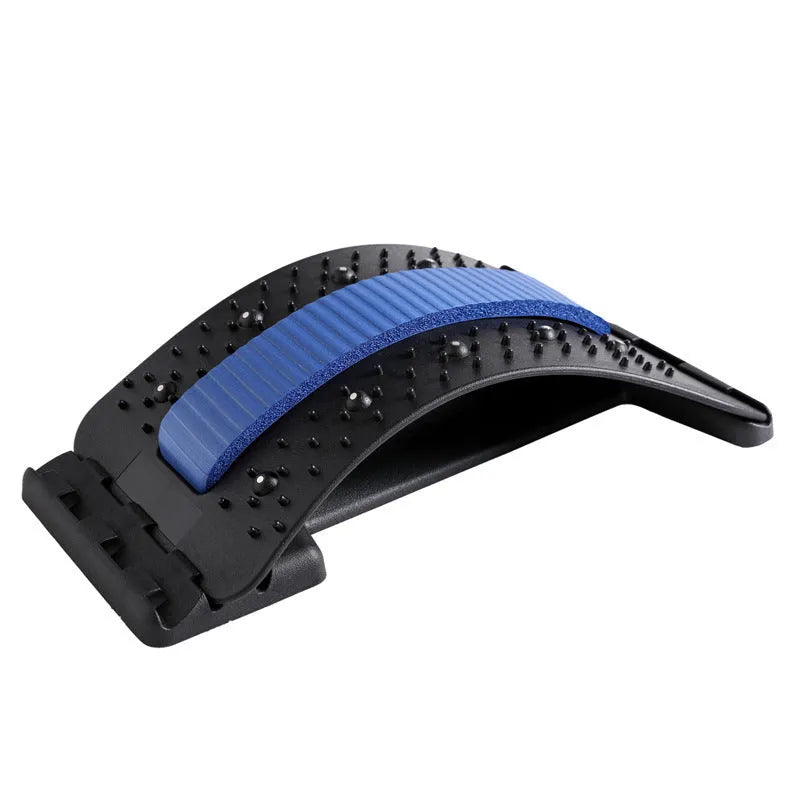 A blue and black adjustable back stretcher with 8 massage heads in a rectangular trapezoid shape for waist and back pain relief.