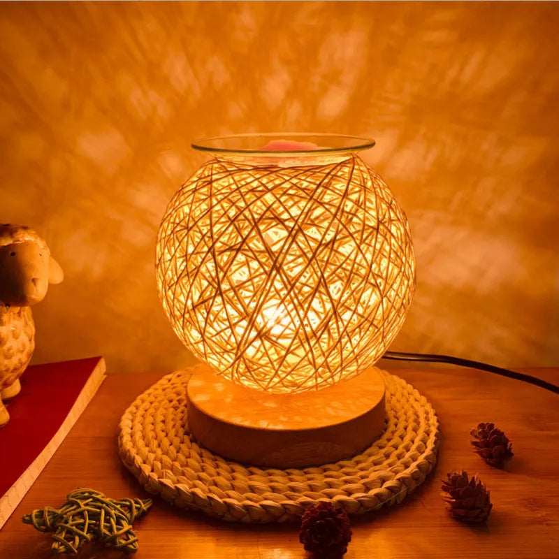 Electric wax warmer with bamboo wood lamp holder, 35W bulb, touch switch, and handmade sepak takraw design
