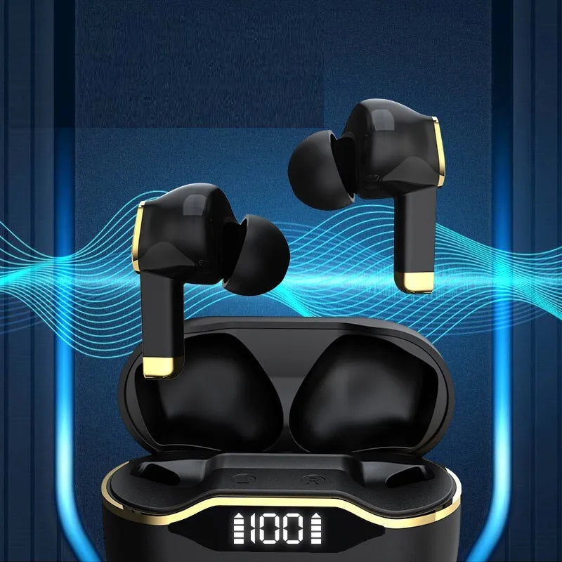 T28 TWS earphones with LED display and IPX5 waterproof rating in black, shown with charging case