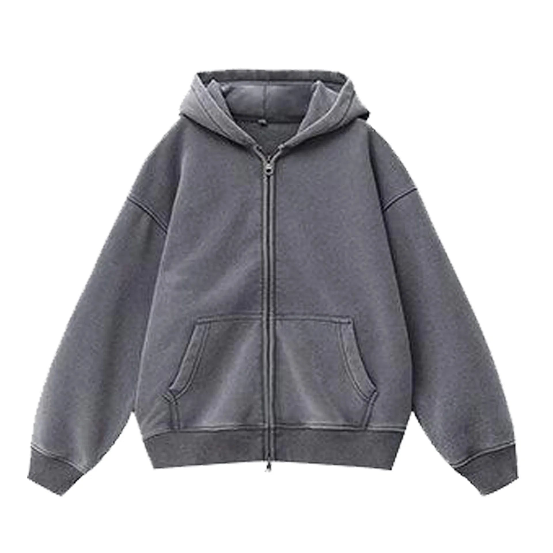 Woman wearing a distressed grey fleece-lined hooded cardigan with patch pockets.