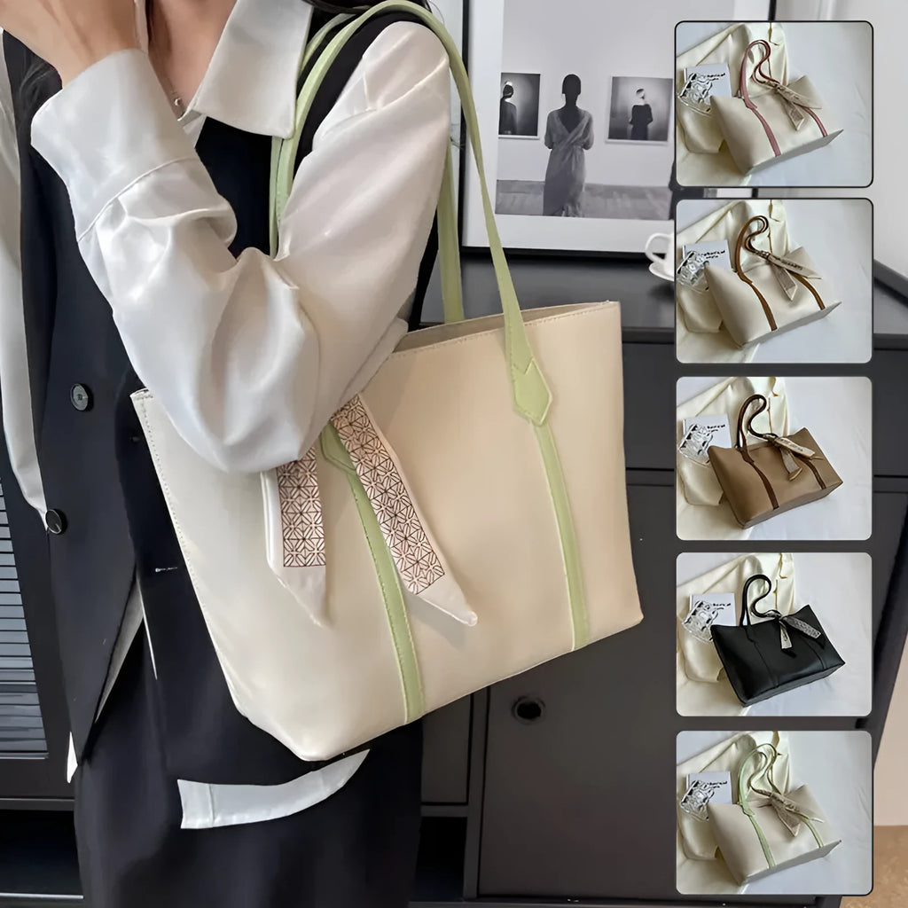 Large capacity tote crossbody bag in bucket style with sandwich pocket design and visible sewing details