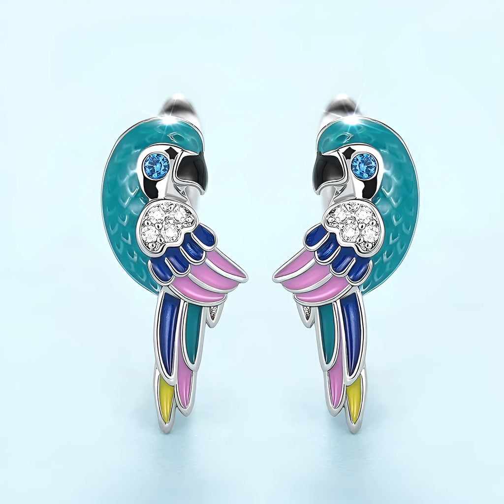 White gold colour copper ear clip with inlaid zircon forming a cute simulation parrot bird ornament