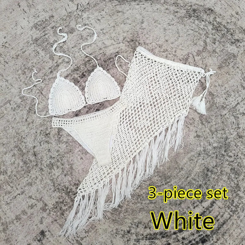 Women's handmade crochet three-piece bikini and beach skirt swimsuit set