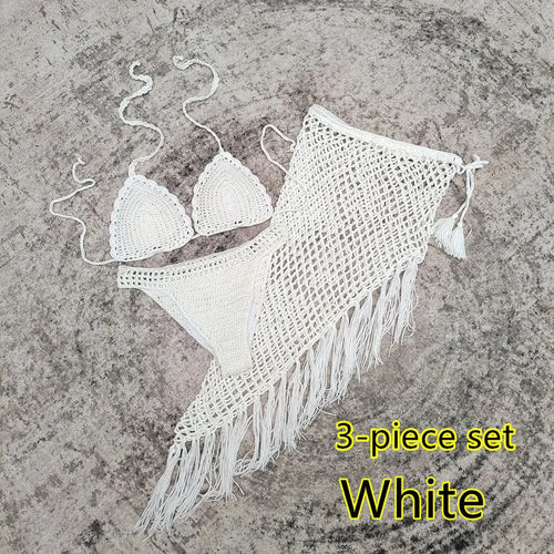 Women's handmade crochet three-piece bikini and beach skirt swimsuit set