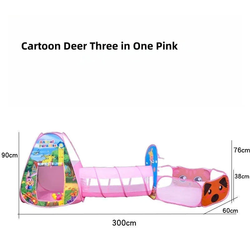 Children's three-in-one cloth play tent set with ball pool and tunnel in a cartoon marine or vehicle theme.