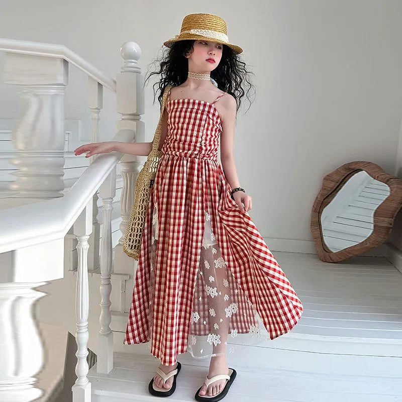 Red plaid non-slip girls dress with lace stitching and cartoon pattern