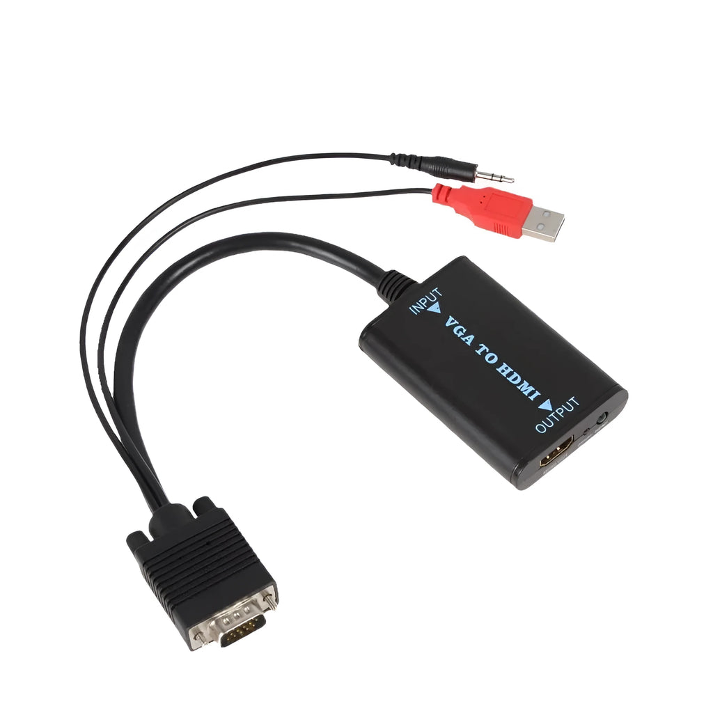 Black VGA to HDMI converter with USB power cable and 3.5mm audio input port