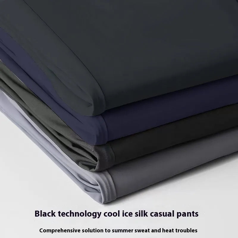 Men's black ice silk loose straight-leg leisure trousers with high elasticity open waist