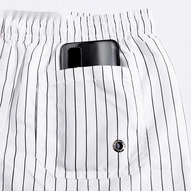 Men's white striped quick-drying beach pants with lining, loose straight leg, sizes M to XXXL