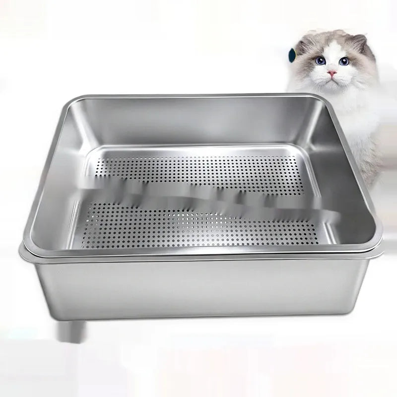 Extra large leak-proof sand filtering detachable open cat litter box with stainless steel basin