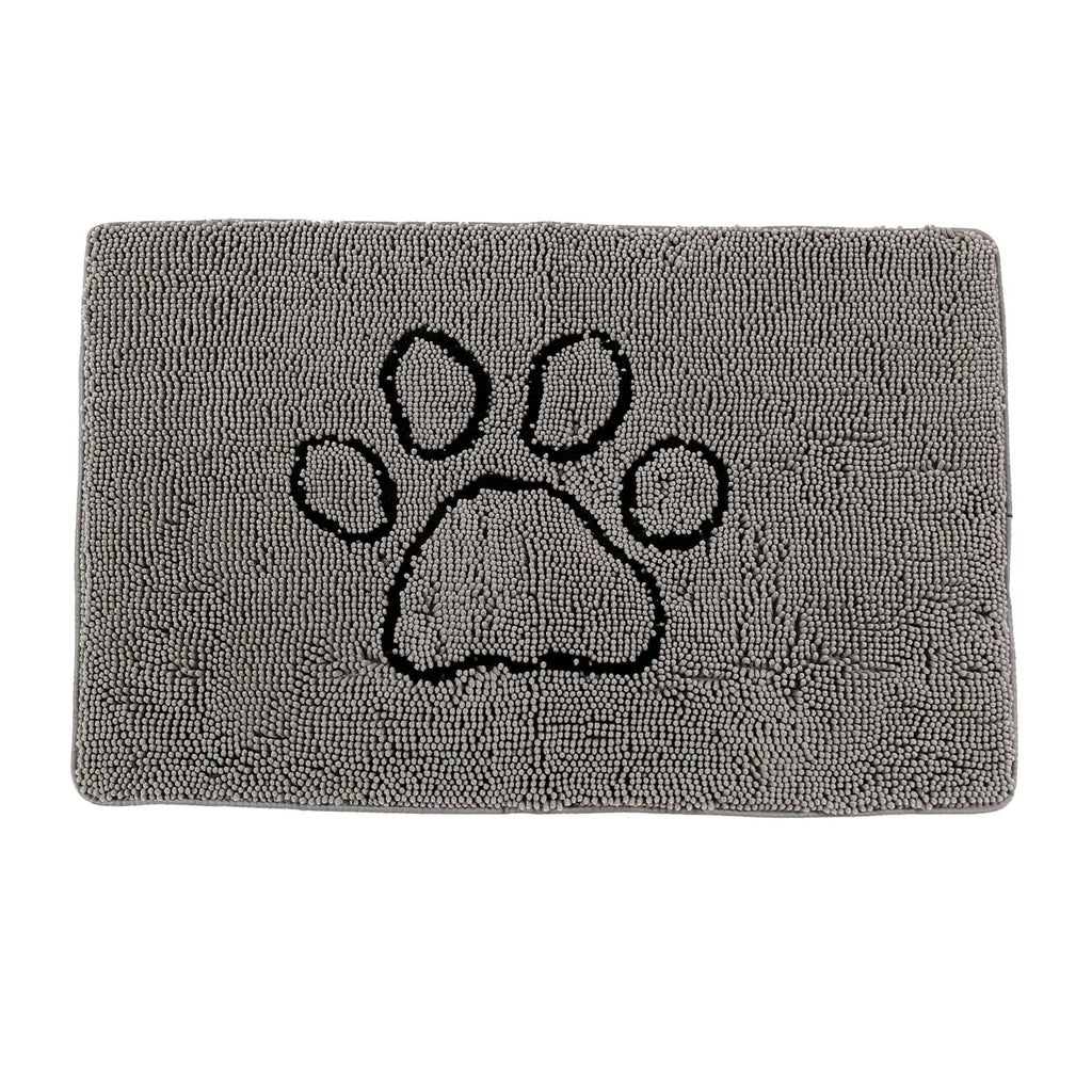 Rectangular chenille embroidered absorbent pet mat in greyhound paw pattern. Made from machine washable polyester fibre. Available in multiple sizes.