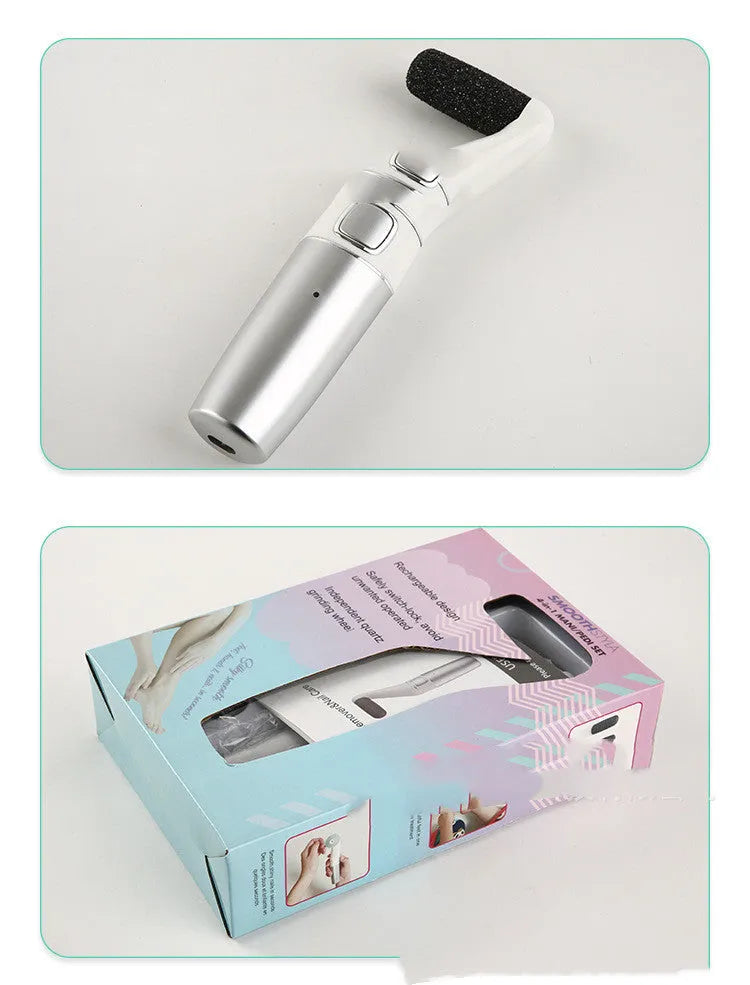 USB rechargeable electric foot file with three replacement rollers for callus and nail care, silver white ABS body on a clean surface