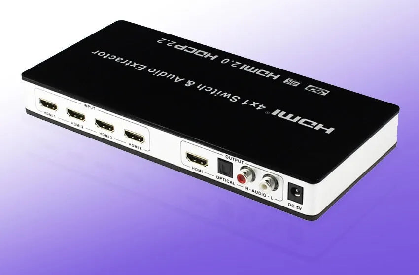 Black HDMI switch with remote control and connection cables for 4-in-1 video switching