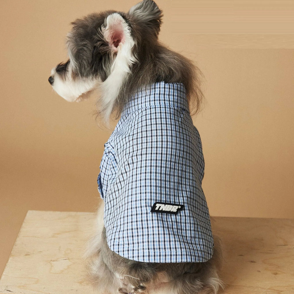 Light blue plaid cotton summer dog shirt for small breeds with XS to XXL sizing